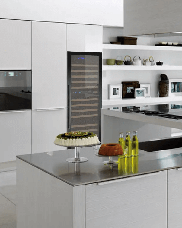 Allavino FlexCount Series 172 Bottle Dual Zone Built-in Wine Cooler Refrigerator w/Black Door image of unit built into cabinet
