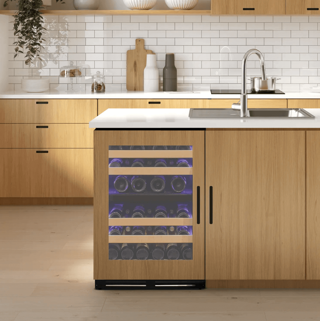 Allavino 24" Wide Dual Zone Panel Ready Wine Refrigerator image of unit built into cabinet
