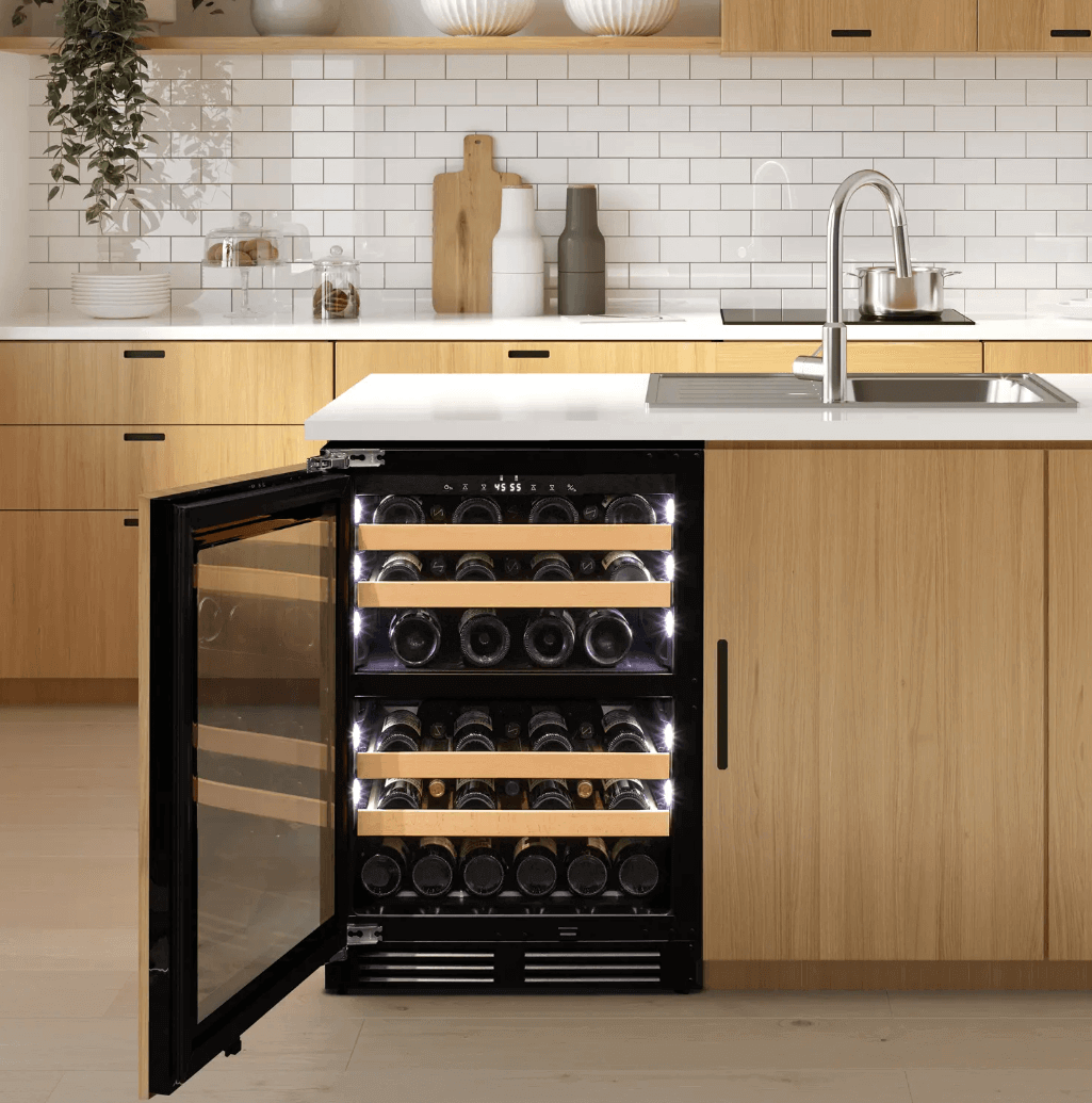 Allavino 24" Wide Dual Zone Panel Ready Wine Refrigerator image of unit built into cabinet
