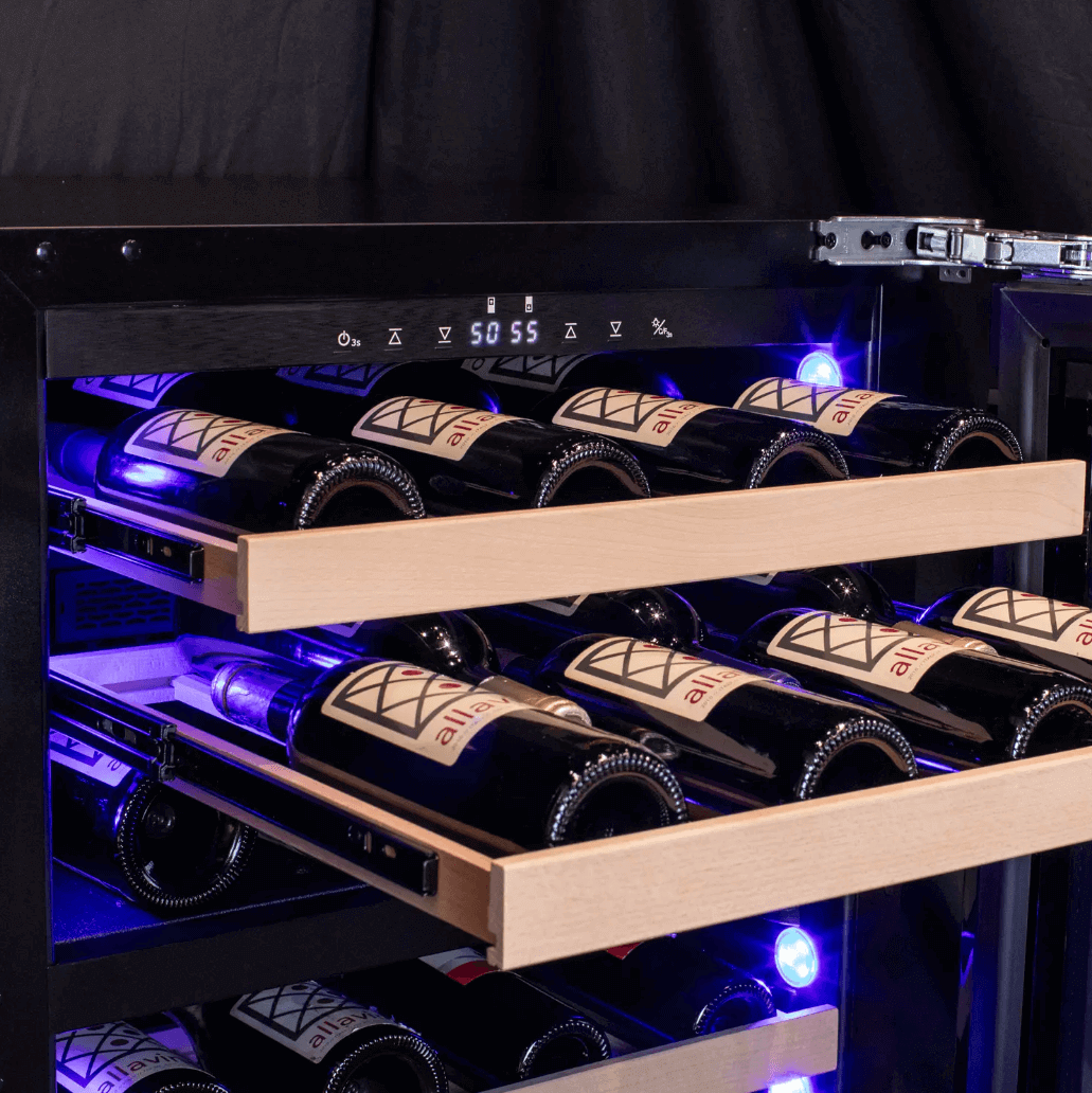 Allavino 24" Wide Dual Zone Panel Ready Wine Refrigerator image of wine bottles on wine shelves