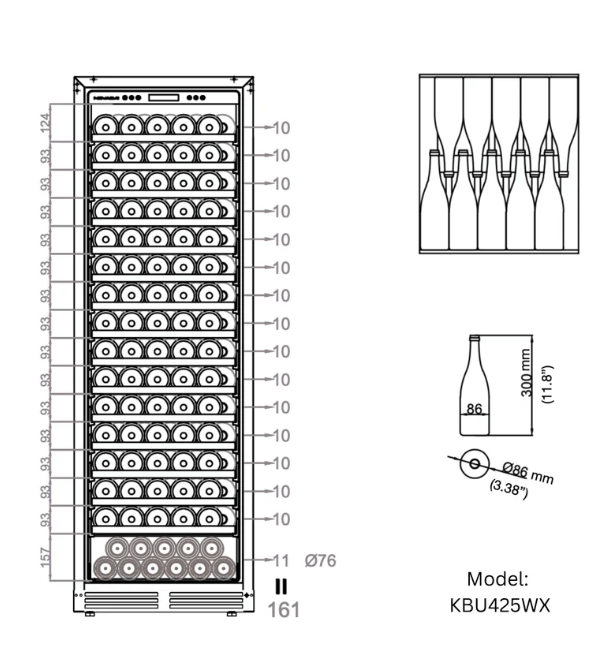 Kings Bottle Upright Single Zone Wine Cooler With Low-E Glass Door image of bottle storage diagram