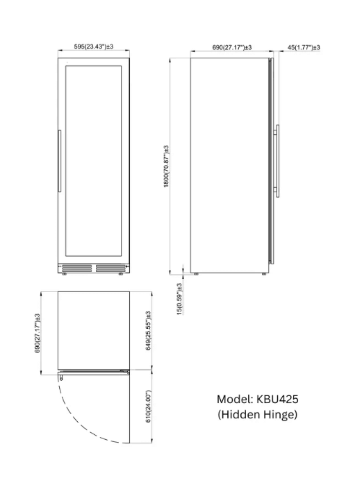 Kings Bottle Upright Single Zone Wine Cooler With Low-E Glass Door image of unit dimensions
