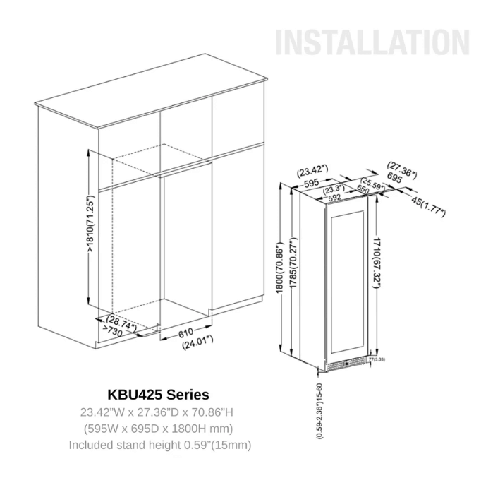 Kings Bottle Upright Single Zone Wine Cooler With Low-E Glass Door image of unit dimensions