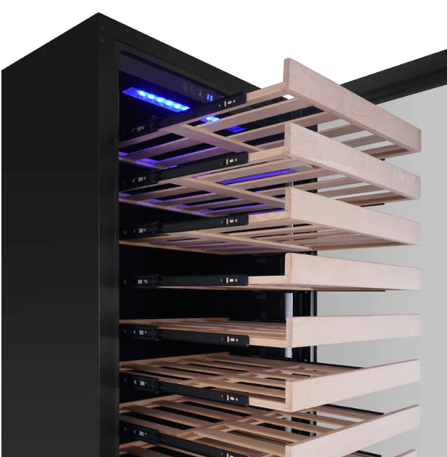 Kings Bottle 47-Inch Height Single Zone Wine Cooler with Low-E Glass Door image of glide out shelves