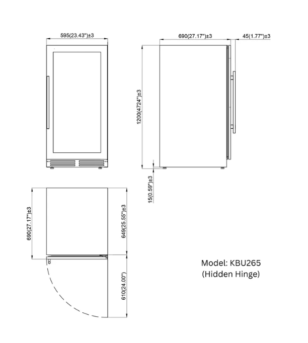 Kings Bottle 47-Inch Height Single Zone Wine Cooler with Low-E Glass Door image of unit dimensions