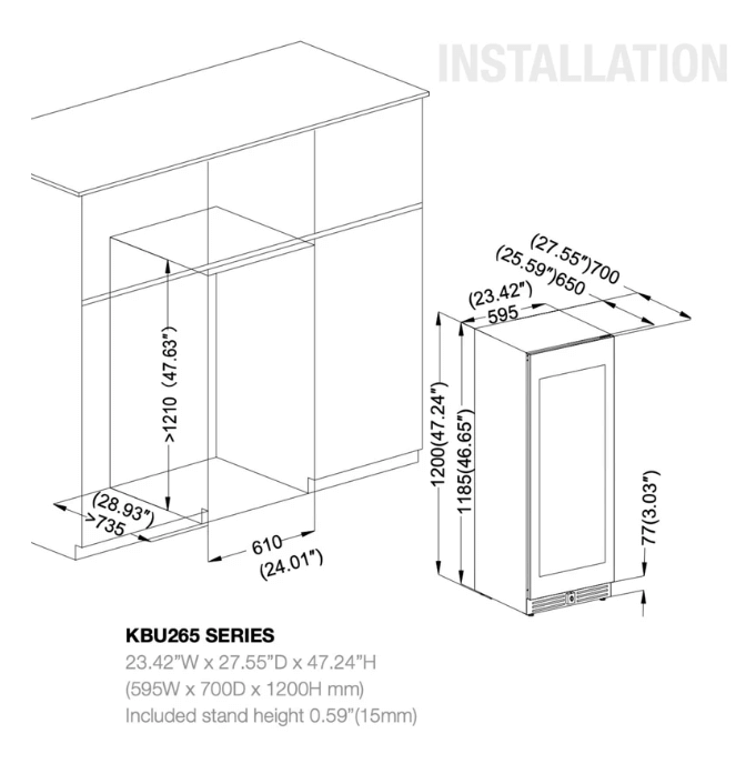 Kings Bottle 47-Inch Height Single Zone Wine Cooler with Low-E Glass Door image of unit dimensions