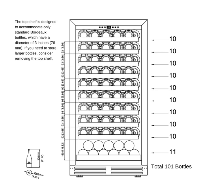Kings Bottle 47-Inch Height Single Zone Wine Cooler with Low-E Glass Door image of bottle storage diagram
