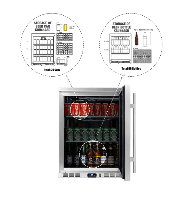 Kings Bottle 24-Inch Outdoor Beverage Refrigerator with Solid Stainless Steel Door diagram of can & bottle storage