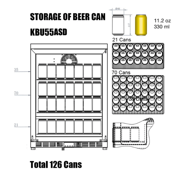 Kings Bottle 24-Inch Outdoor Beverage Refrigerator with Solid Stainless Steel Door diagram of can storage