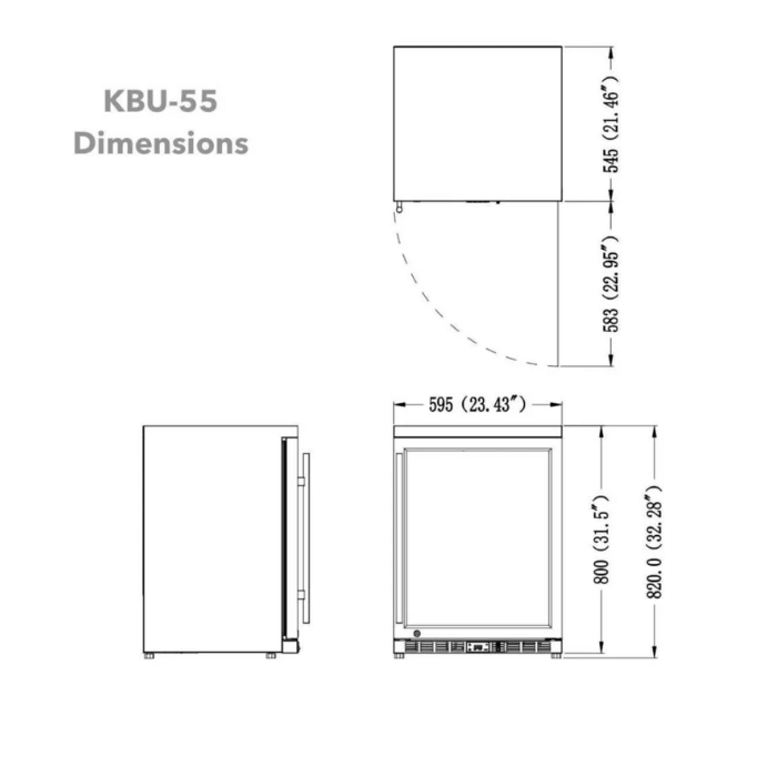 Kings Bottle 24-Inch Outdoor Beverage Refrigerator with Solid Stainless Steel Door diagram of unit measurements