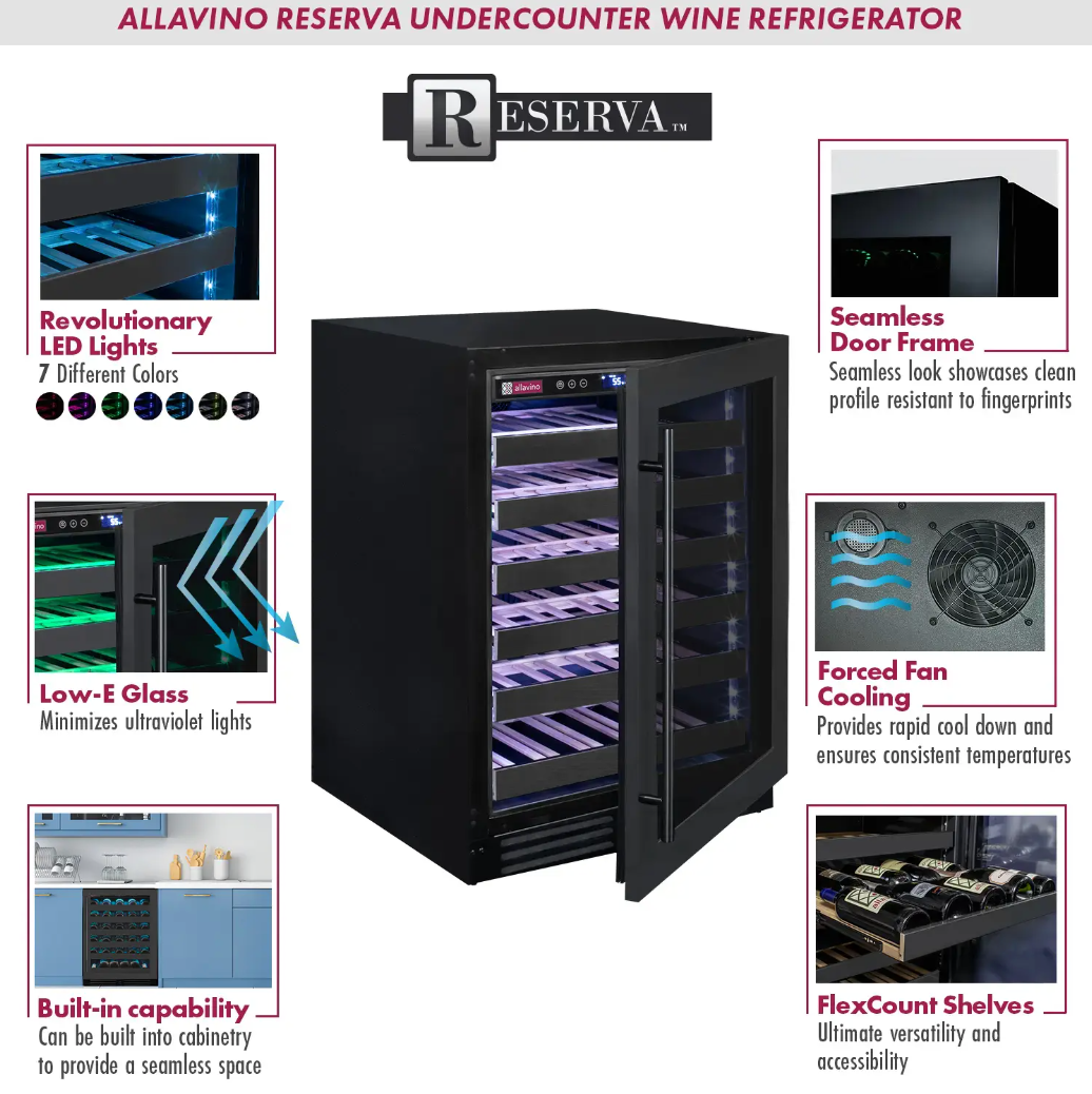 Allavino Reserva Series 50 Bottle Single Zone Built-in Wine Cooler Refrigerator with Black Stainless Door BDW5034S-1BSL