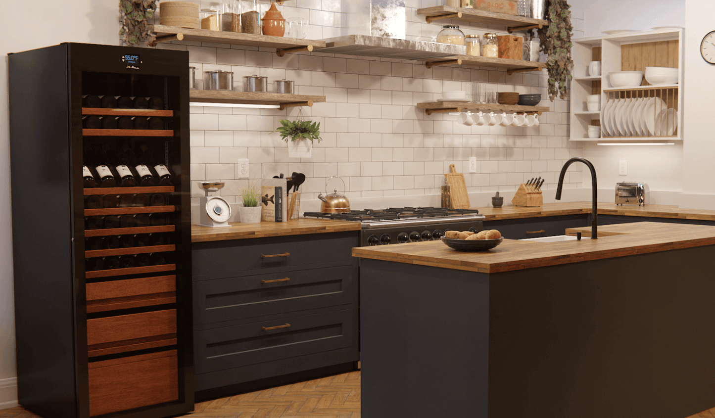 Luxury "Aficionado Style" Multi-Zone Wine Refrigerator/Cooler standing in a kitchen