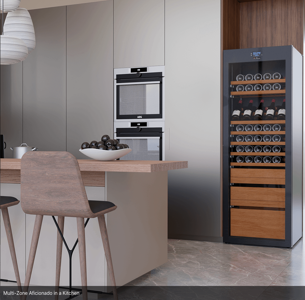 Luxury "Aficionado Style" Multi-Zone Wine Refrigerator/Cooler standing in a room