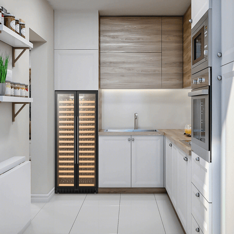 Lanbopro 257 Bottle Single Zone Wine Cooler - LP328S image of unit built into cabinet