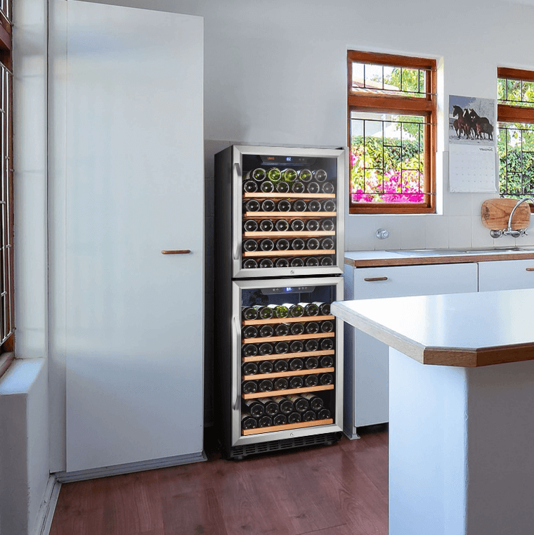 Lanbo 130 Bottle Dual Door Wine Cooler LW133DD image of unit built into cabinet