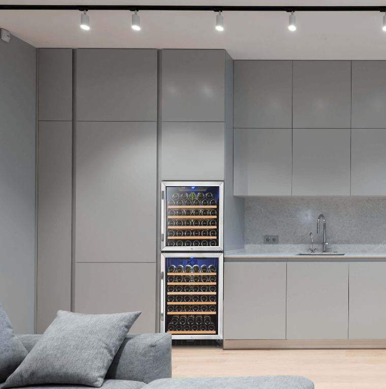 Lanbo 130 Bottle Dual Door Wine Cooler LW133DD image of unit built into cabinet