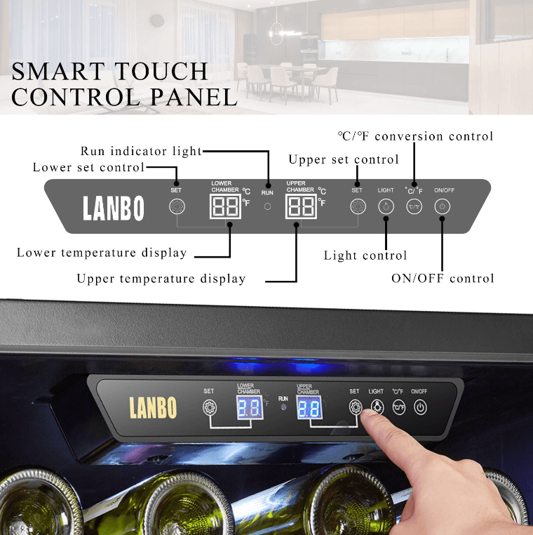 Lanbo 44 Bottle Dual Zone Wine Cooler LW46D image of product with description and feature