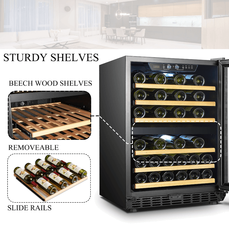 Lanbo 44 Bottle Dual Zone Wine Cooler LW46D image of product with description and feature