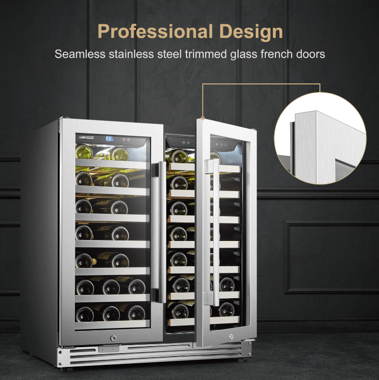 Lanbopro 52 Bottle Dual Door Wine Cooler LP66D image of product with description and feature
