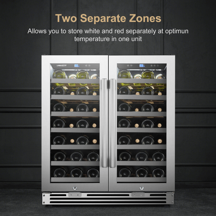 Lanbopro 52 Bottle Dual Door Wine Cooler LP66D image of product with description and feature