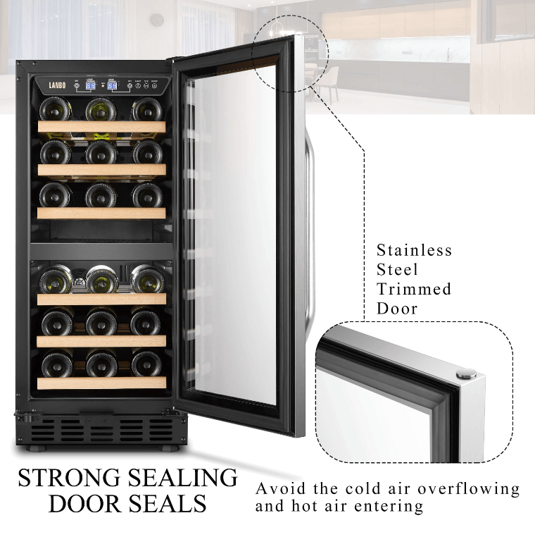 Lanbo 26 Bottle Dual Zone Wine Cooler LW28D image of product with description and feature