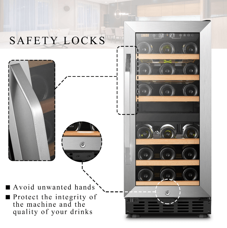 Lanbo 26 Bottle Dual Zone Wine Cooler LW28D image of product with description and feature