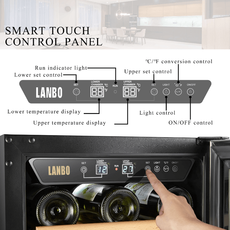 Lanbo 26 Bottle Dual Zone Wine Cooler LW28D image of product with description and feature