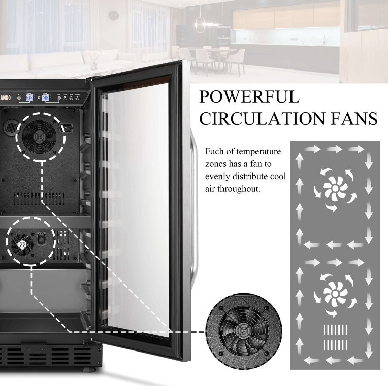 Lanbo 26 Bottle Dual Zone Wine Cooler LW28D image of product with description and feature