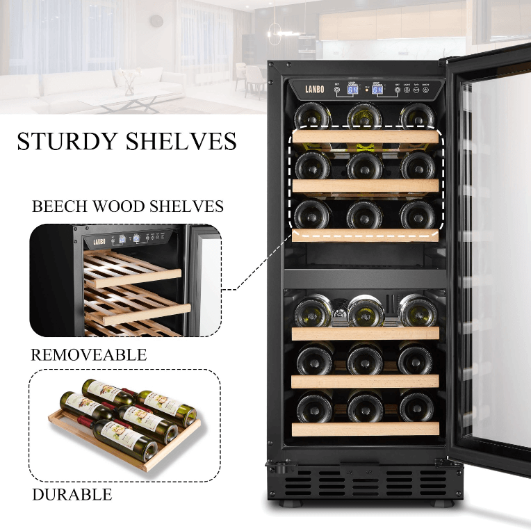 Lanbo 26 Bottle Dual Zone Wine Cooler LW28D image of product with description and feature
