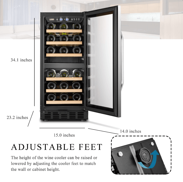 Lanbo 26 Bottle Dual Zone Wine Cooler LW28D image of product with description and feature