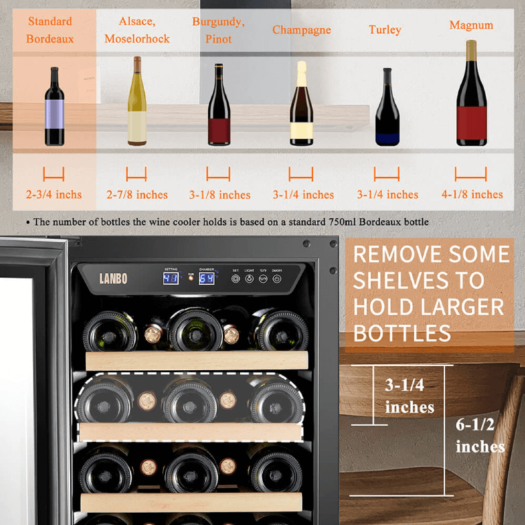 Lanbo 26 Bottle Dual Zone Wine Cooler LW28D image of product with description and feature