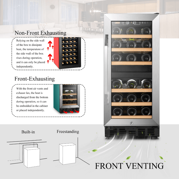 Lanbo 26 Bottle Dual Zone Wine Cooler LW28D image of product with description and feature