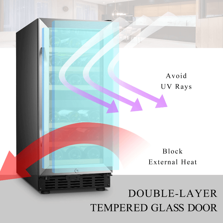 Lanbo 26 Bottle Dual Zone Wine Cooler LW28D image of product with description and feature