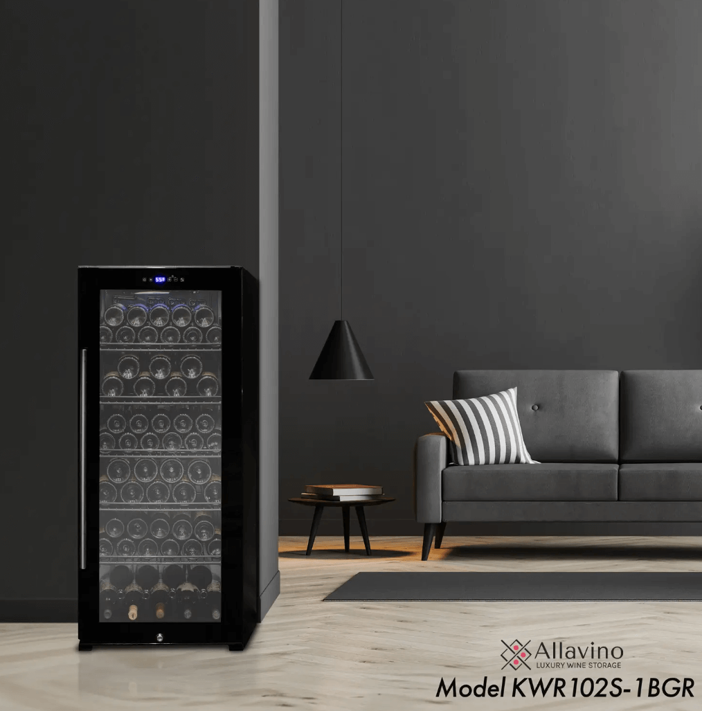Allavino Contemporary 102 Bottle Single Zone Freestanding Wine Refrigerator with Black Glass Door KWR102S-1BGR