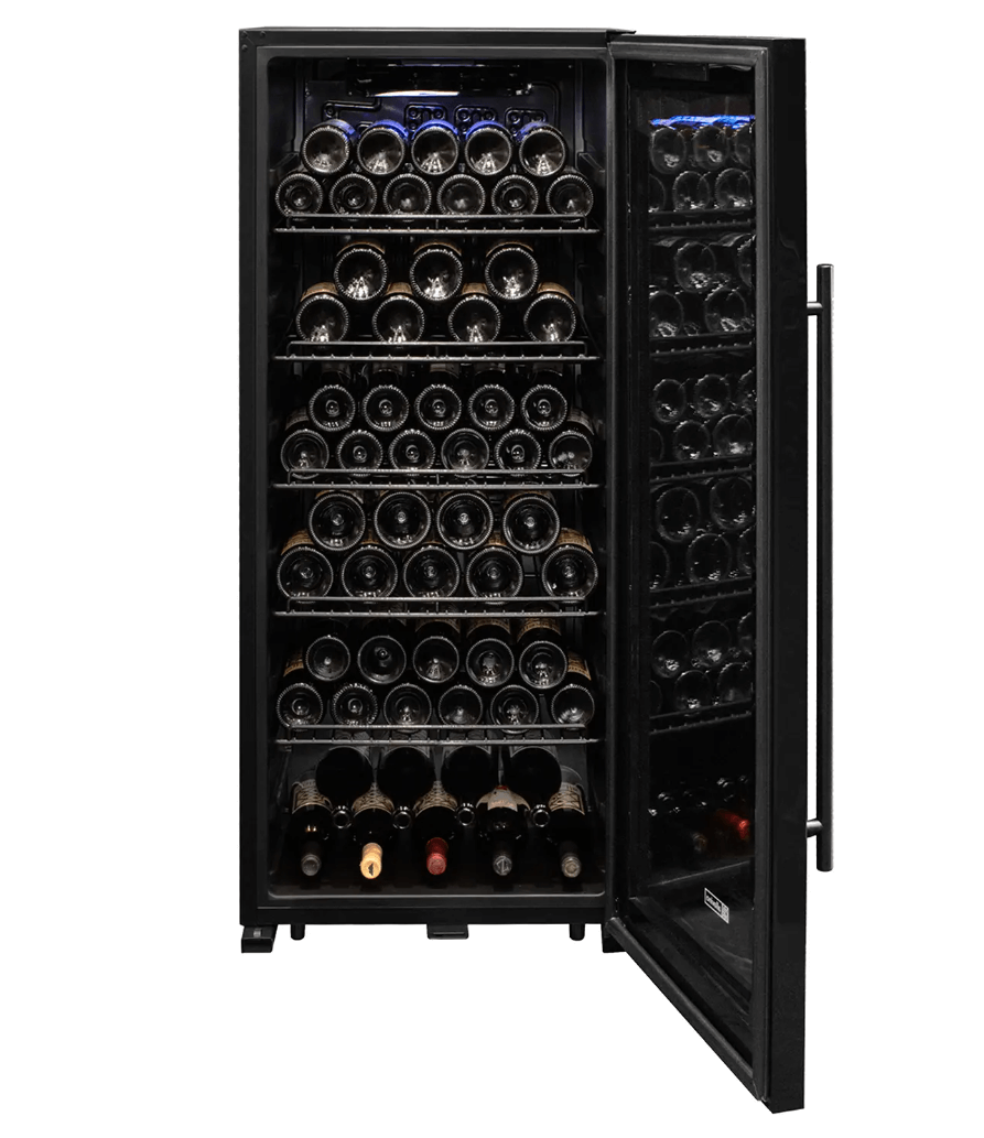 Allavino Contemporary 102 Bottle Single Zone Freestanding Wine Refrigerator with Black Glass Door KWR102S-1BGR