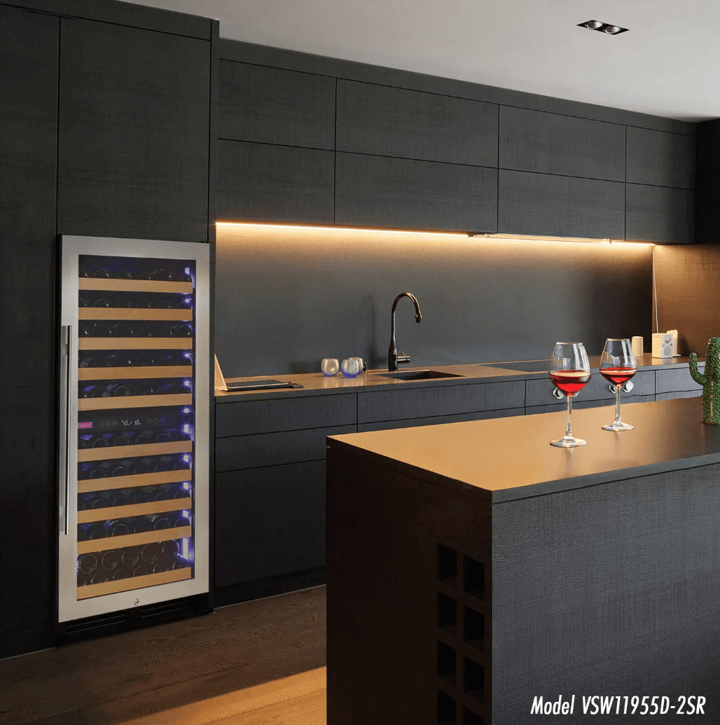 Allavino 119 Bottle 55" Tall Single Zone Stainless Steel Wine Refrigerator VSW11955S-1SL built into cabinet