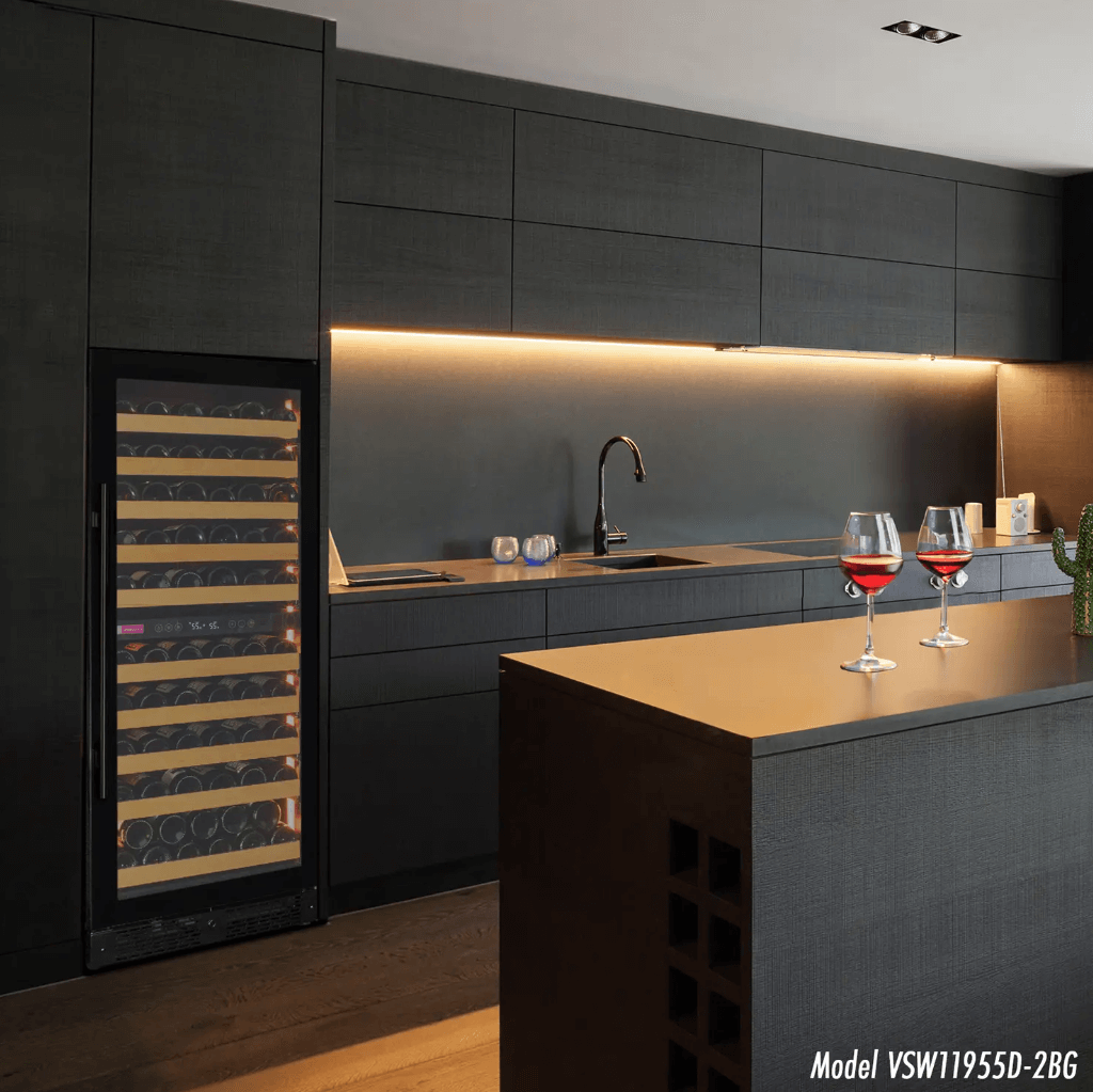 Allavino Reserva Series 119 Bottle 55" Tall Dual Zone Black Glass Wine Refrigerator VSW11955D-2BG image of unit built into cabinet