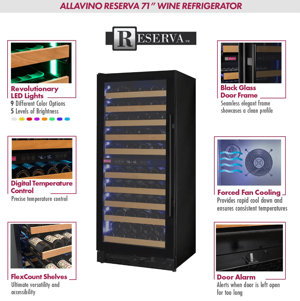 Allavino Reserva Series 119 Bottle 55" Tall Dual Zone Black Glass Wine Refrigerator VSW11955D-2BG image of product highlights
