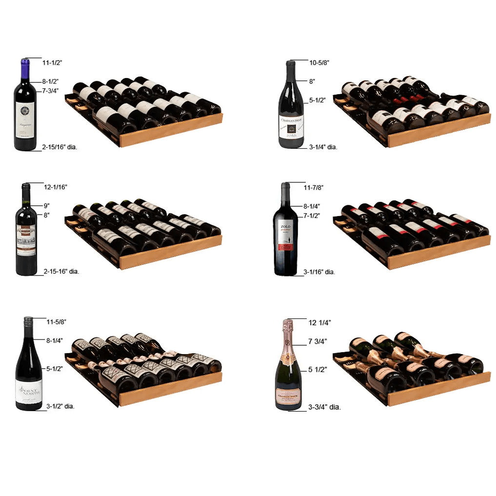 Allavino Reserva Series 119 Bottle 55" Tall Dual Zone Black Glass Wine Refrigerator VSW11955D-2BG image of shelves with bottles