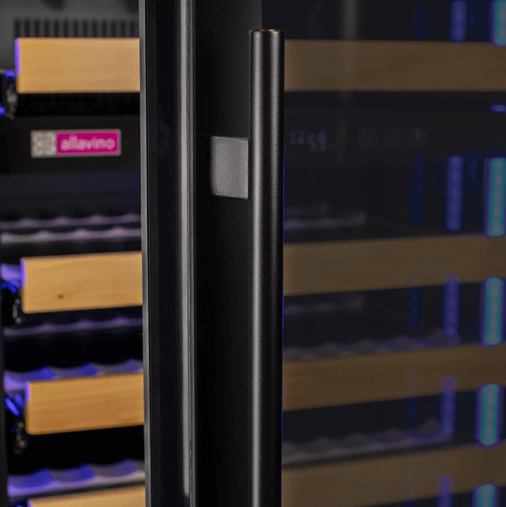 Allavino Reserva Series 119 Bottle 55" Tall Dual Zone Black Glass Wine Refrigerator VSW11955D-2BG image of door handle