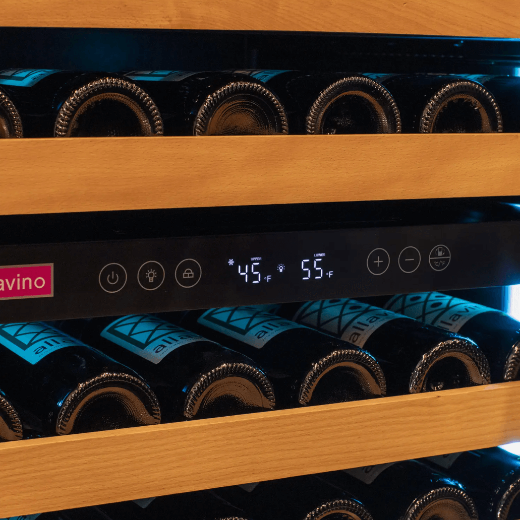 Allavino Reserva Series 119 Bottle 55" Tall Dual Zone Black Glass Wine Refrigerator VSW11955D-2BG image of shelves with bottles