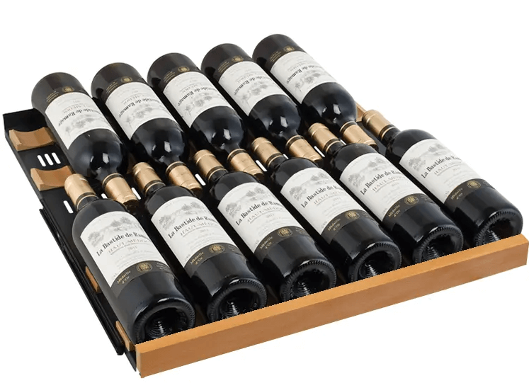 Allavino Reserva Series 119 Bottle 55" Tall Dual Zone Black Glass Wine Refrigerator VSW11955D-2BG image of shelf with bottles