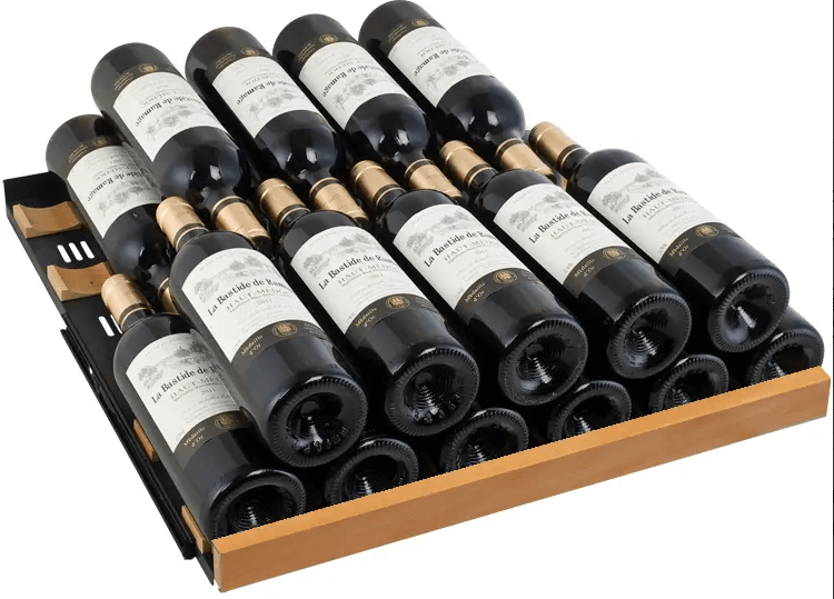 Allavino Reserva Series 119 Bottle 55" Tall Dual Zone Black Glass Wine Refrigerator VSW11955D-2BG image of shelf with bottles