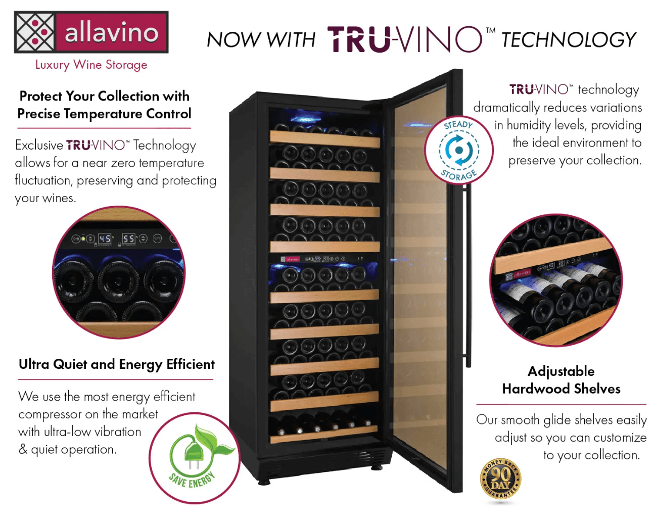 Allavino 24" Wide Vite II Tru-Vino 99 Bottle Dual Zone Black Right Hinge Wine Refrigerator YHWR99-2BR20 image of product highlights