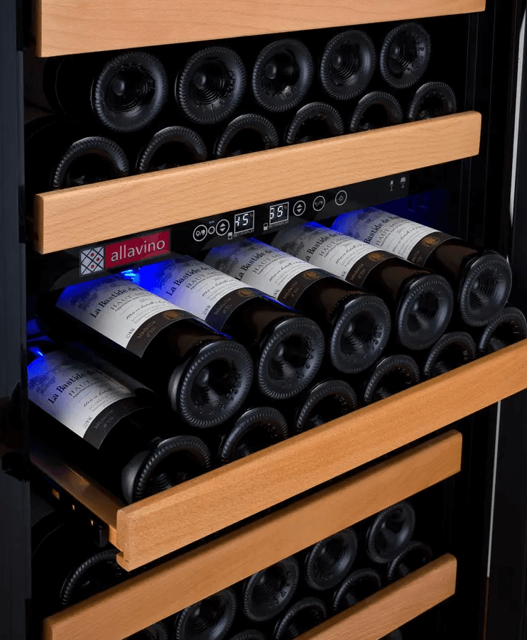 Allavino 24" Wide Vite II Tru-Vino 99 Bottle Dual Zone Black Right Hinge Wine Refrigerator YHWR99-2BR20 image of bottles on shelf