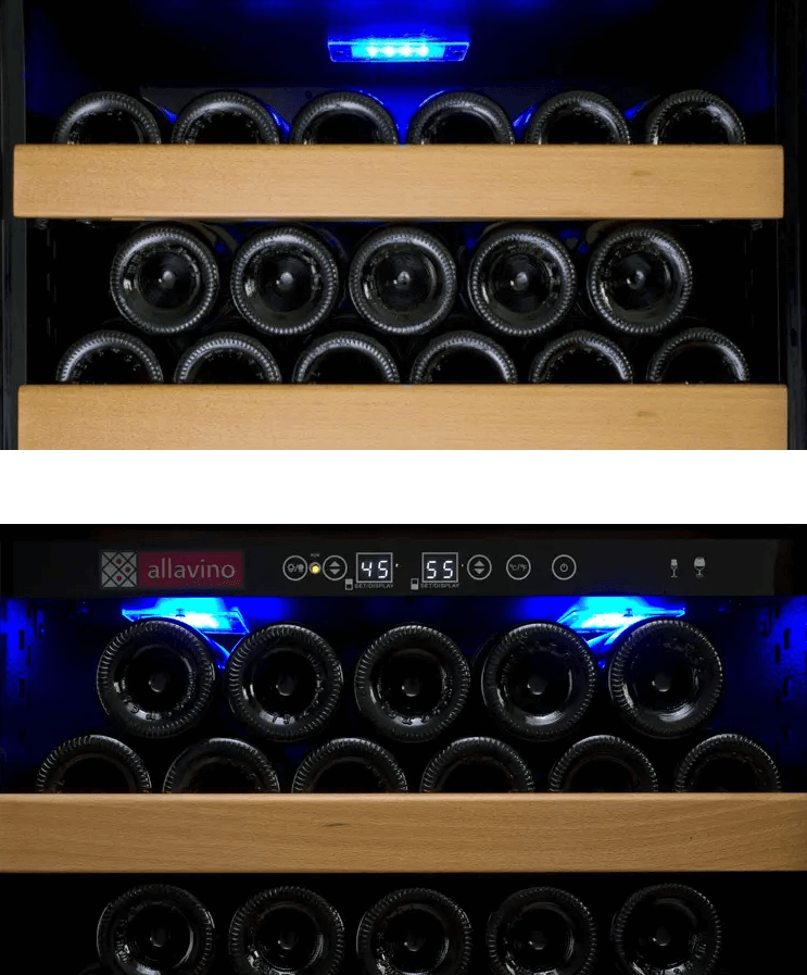 Allavino 24" Wide Vite II Tru-Vino 99 Bottle Dual Zone Black Right Hinge Wine Refrigerator YHWR99-2BR20 image of interior lighting
