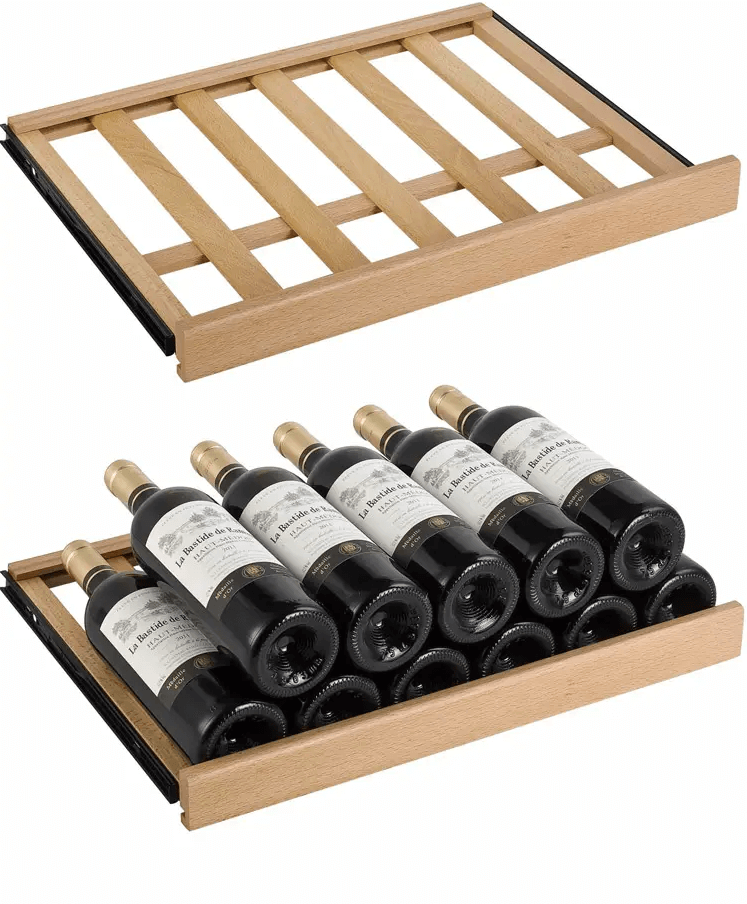 Allavino 24" Wide Vite II Tru-Vino 99 Bottle Dual Zone Black Right Hinge Wine Refrigerator YHWR99-2BR20 image of bottles on shelf