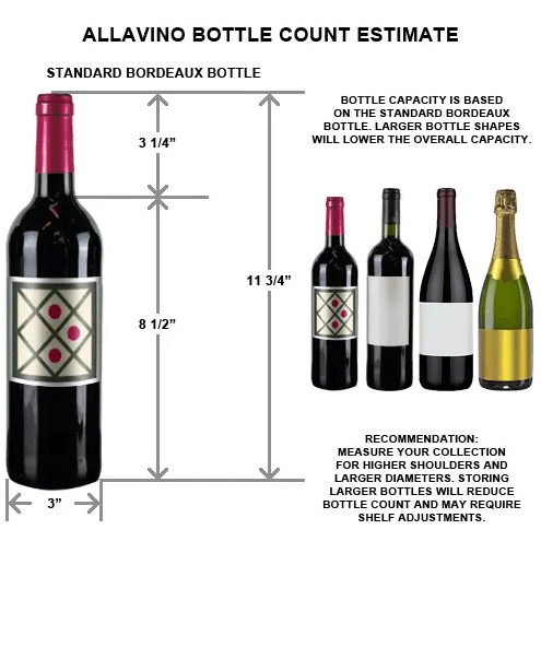 Allavino 24" Wide Vite II Tru-Vino 99 Bottle Dual Zone Black Right Hinge Wine Refrigerator YHWR99-2BR20 image of bottle sizes