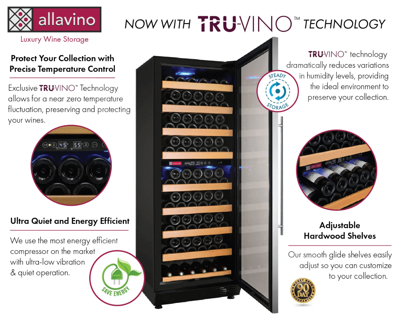 Allavino Vite Series 99 Bottle Dual Zone Freestanding Wine Cooler Refrigerator with Right Hinge Stainless Steel Door YHWR99-2SR20 image of product highlights