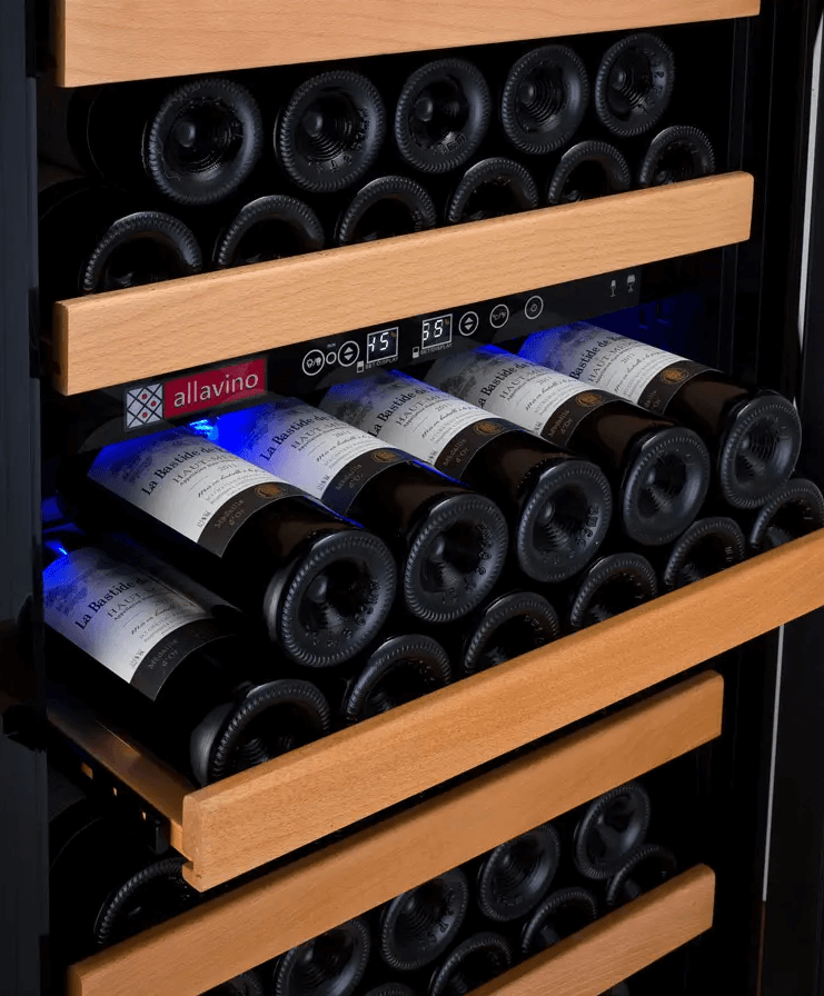 Allavino Vite Series 99 Bottle Dual Zone Freestanding Wine Cooler Refrigerator with Right Hinge Stainless Steel Door YHWR99-2SR20 image of shelf with bottles